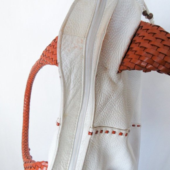 PAOLO MASI Italian Two-Tone Leather Braided Handle Pebbled White Leather/ Large - Picture 12 of 14